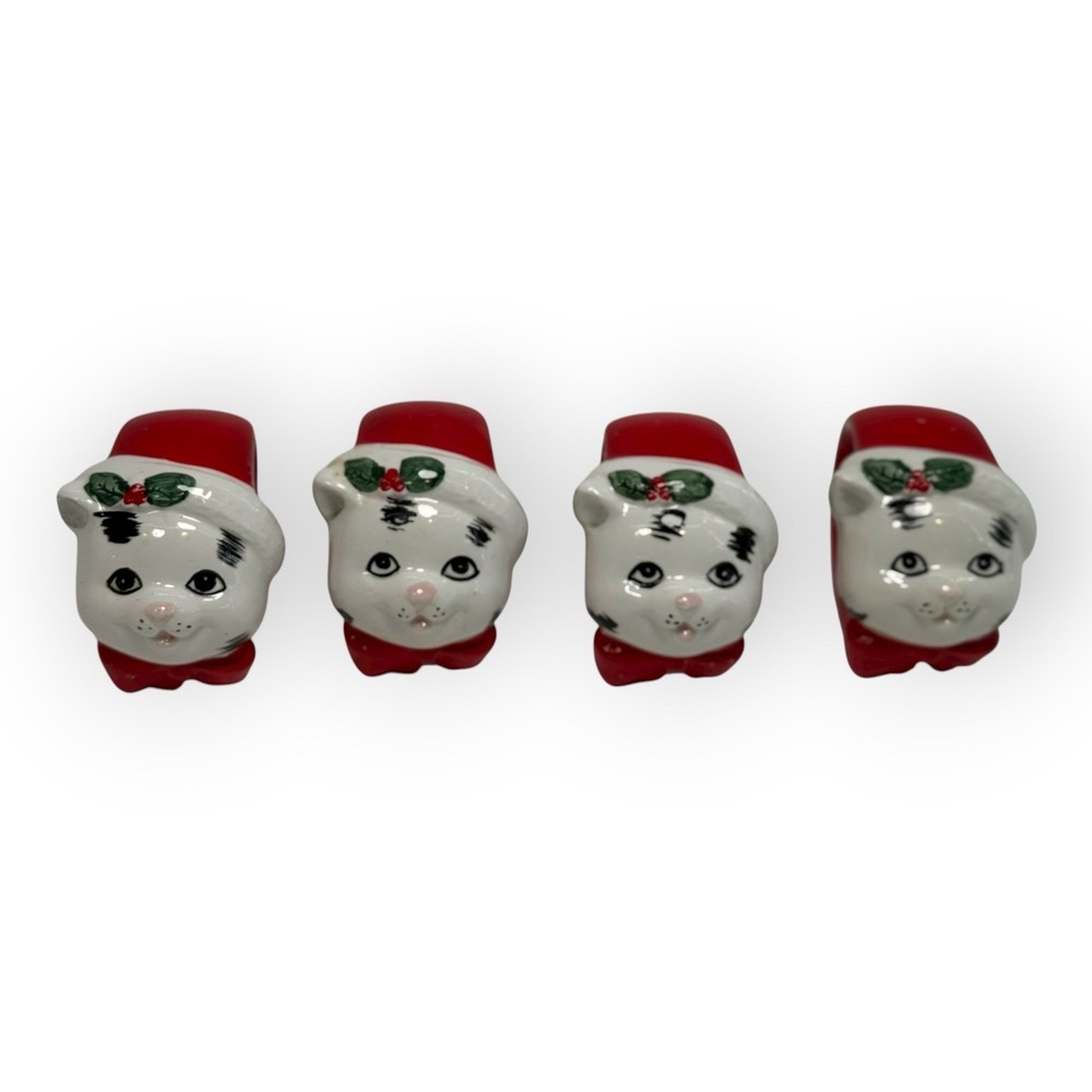 (4) VTG 1980s Taiwan Ceramic Christmas Cat Santa Hat Napkin Rings Tablescape